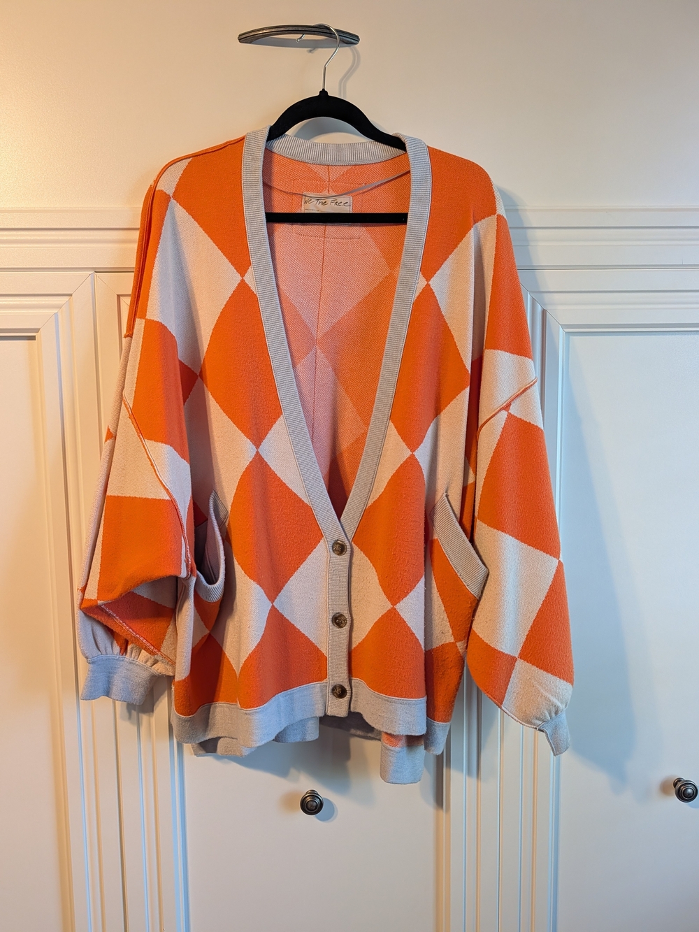 Oversized Orange Diamond-Check Cardigan Sweater